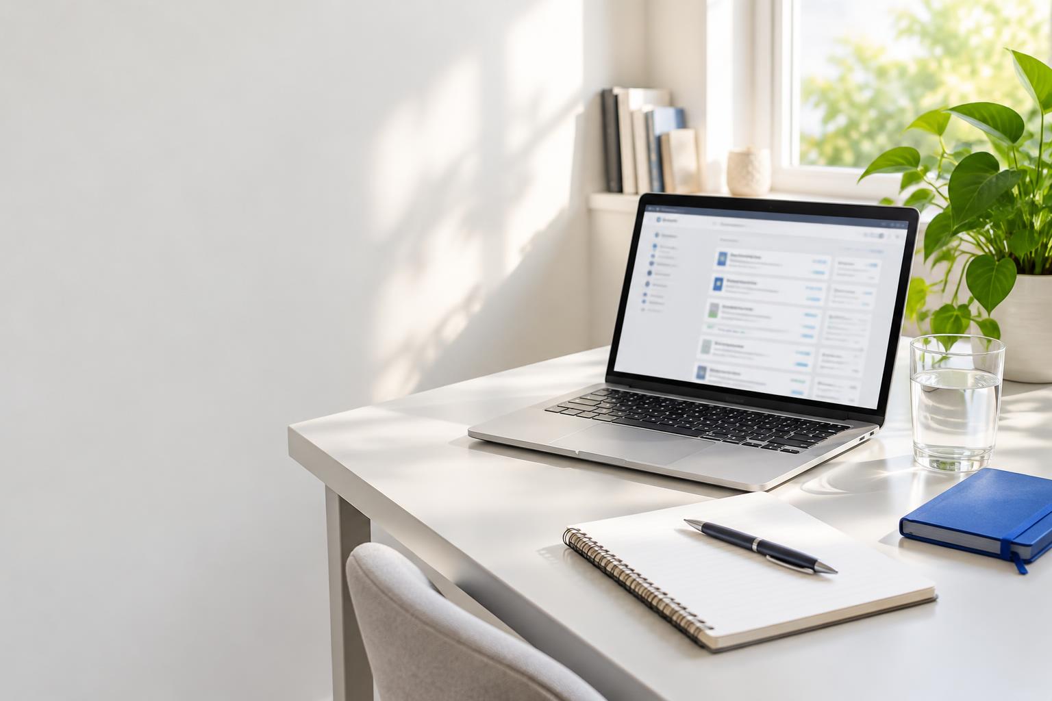 A bright workspace with a laptop, notebook and job application board